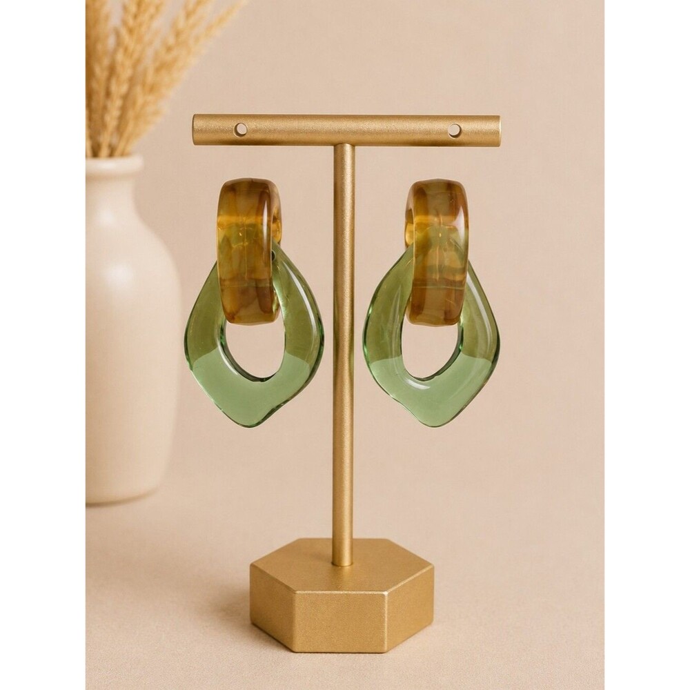 Plunder Design Trendy Green Tan Acrylic Drop Dangle Earrings - NIP